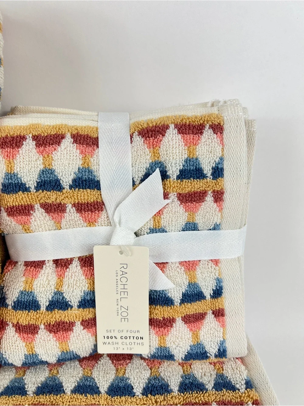 Rachel Zoe Geometric Bath Towel Set Blue Rust Cream 100% Cotton 8 Pc NEW